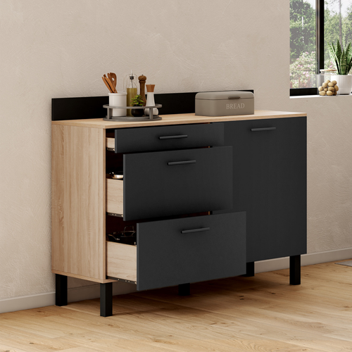 Buffet Bas Casserolier De Cuisine 120 Cm Cina Plan De Travail H.83 Cm 1 Porte + 3 Tiroirs Façon Hêtr