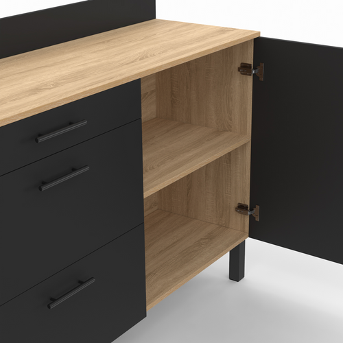 Buffet Bas Casserolier De Cuisine 120 Cm Cina Plan De Travail H.83 Cm 1 Porte + 3 Tiroirs Façon Hêtr