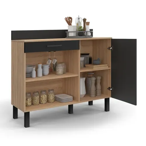 Buffet Bas De Cuisine 100 Cm Cina Plan De Travail H.83 Cm 1 Porte + 1 Tiroir Façon Hêtre Et Noir