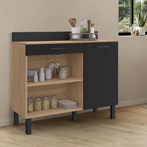 Buffet Bas De Cuisine 100 Cm Cina Plan De Travail H.83 Cm 1 Porte + 1 Tiroir Façon Hêtre Et Noir