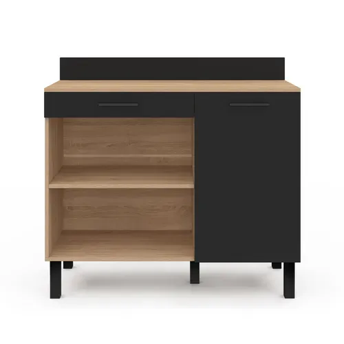 Buffet Bas De Cuisine 100 Cm Cina Plan De Travail H.83 Cm 1 Porte + 1 Tiroir Façon Hêtre Et Noir