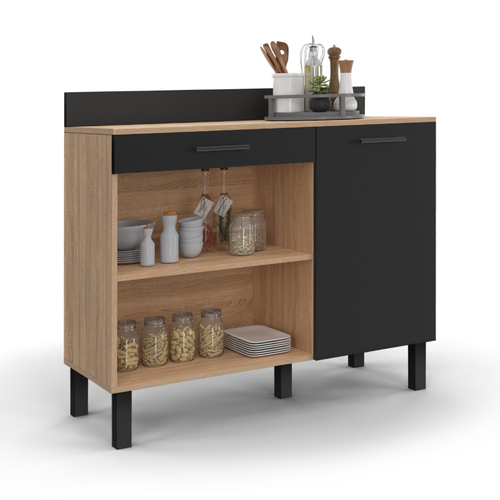 Buffet Bas De Cuisine 100 Cm Cina Plan De Travail H.83 Cm 1 Porte + 1 Tiroir Façon Hêtre Et Noir
