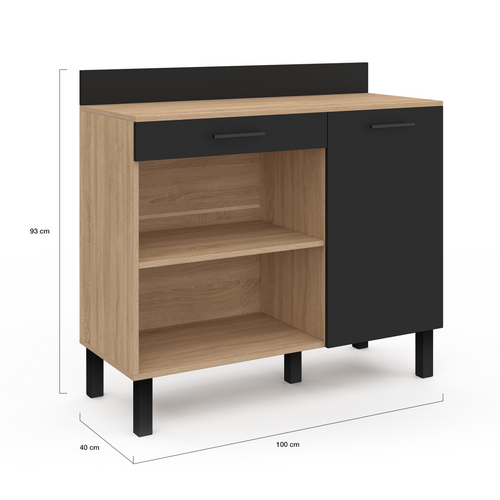 Buffet Bas De Cuisine 100 Cm Cina Plan De Travail H.83 Cm 1 Porte + 1 Tiroir Façon Hêtre Et Noir