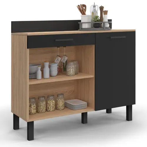 Buffet Bas De Cuisine 100 Cm Cina Plan De Travail H.83 Cm 1 Porte + 1 Tiroir Façon Hêtre Et Noir