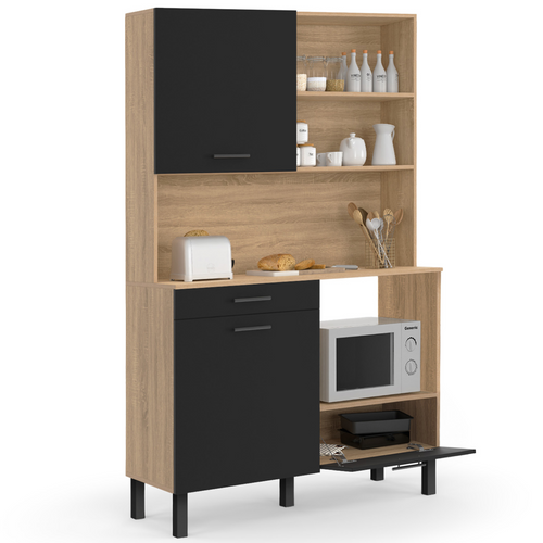 Buffet De Cuisine 120 Cm Cina 3 Portes + 1 Tiroir Façon Hêtre Et Noir