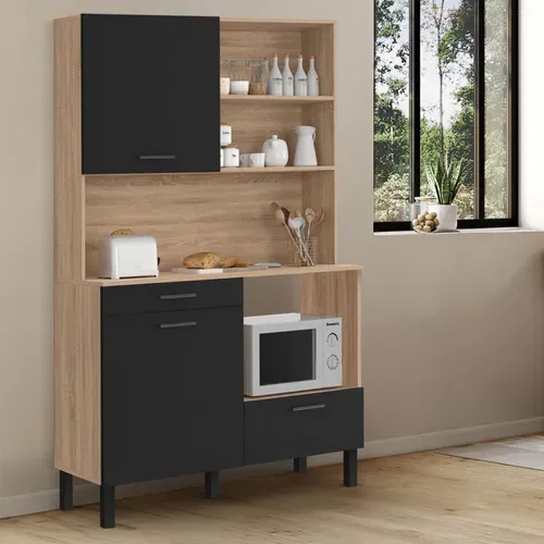 Buffet De Cuisine 120 Cm Cina 3 Portes + 1 Tiroir Façon Hêtre Et Noir