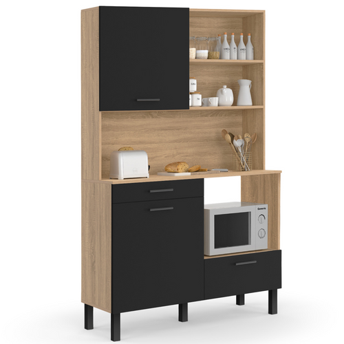 Buffet De Cuisine 120 Cm Cina 3 Portes + 1 Tiroir Façon Hêtre Et Noir
