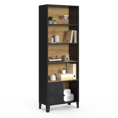 Etagère Bibliothèque 5 Niveaux Avec Placard Ester Portes Métal Noir Et Plateau Bois Design Industrie