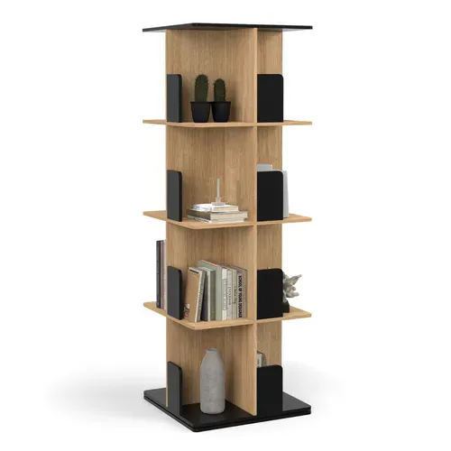Etagère Bibliothèque Rotative 4 Niveaux Rapha Noir Et Effet Bois