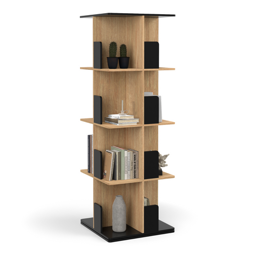 Etagère Bibliothèque Rotative 4 Niveaux Rapha Noir Et Effet Bois