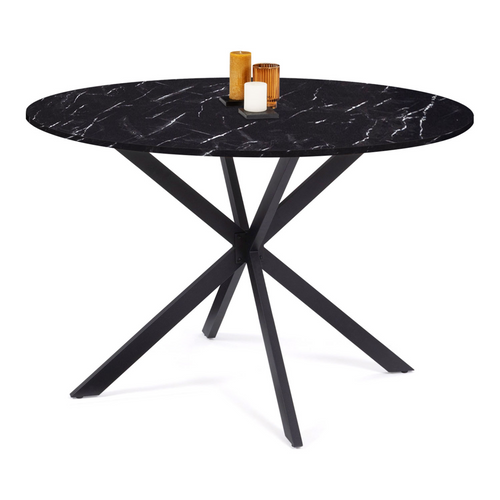 Table à Manger Ronde Alix 6 Personnes Pied Araignée Noir Et Plateau Effet Marbre Noir Alaska 110 Cm
