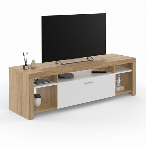 Meuble TV 140 Cm Malo Bois Et Placard Blanc