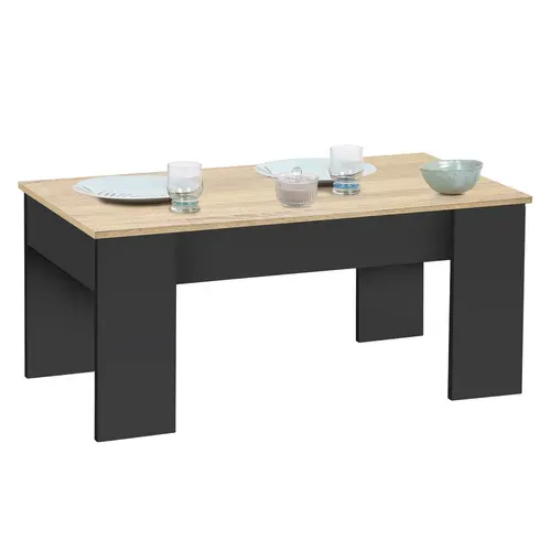 Table Basse Plateau Relevable Rectangulaire Tara Bois Noir Et Imitation Hêtre