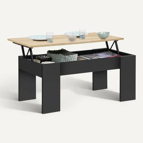 Table Basse Plateau Relevable Rectangulaire Tara Bois Noir Et Imitation Hêtre