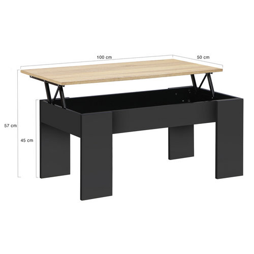 Table Basse Plateau Relevable Rectangulaire Tara Bois Noir Et Imitation Hêtre
