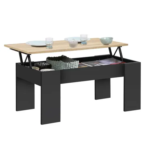 Table Basse Plateau Relevable Rectangulaire Tara Bois Noir Et Imitation Hêtre