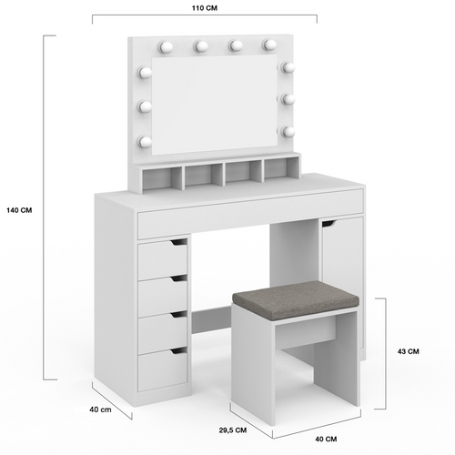 Coiffeuse Zelia Blanche Miroir LED Avec 4 Niches, 5 Tiroirs, 1 Caisson De Rangement Et Tabouret Remb