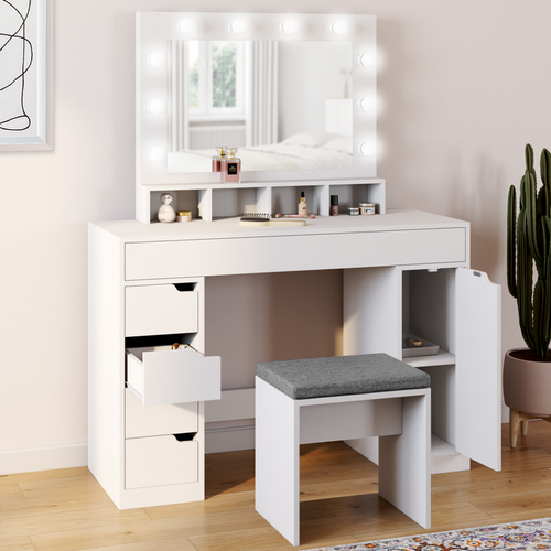 Coiffeuse Zelia Blanche Miroir LED Avec 4 Niches, 5 Tiroirs, 1 Caisson De Rangement Et Tabouret Remb