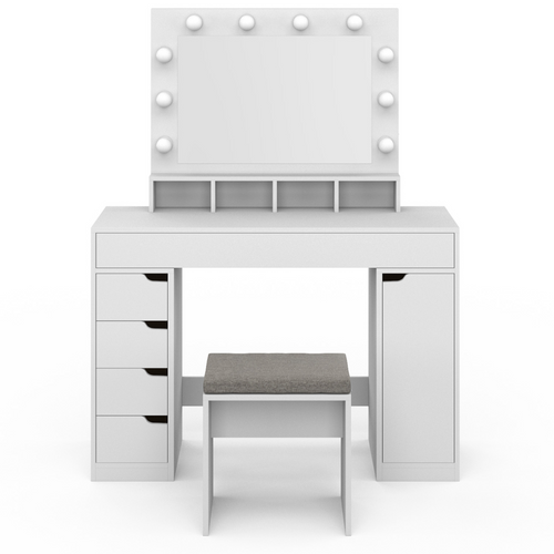 Coiffeuse Zelia Blanche Miroir LED Avec 4 Niches, 5 Tiroirs, 1 Caisson De Rangement Et Tabouret Remb