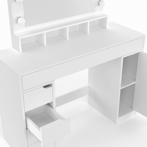 Coiffeuse Zelia Blanche Miroir LED Avec 4 Niches, 5 Tiroirs, 1 Caisson De Rangement Et Tabouret Remb
