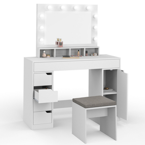Coiffeuse Zelia Blanche Miroir LED Avec 4 Niches, 5 Tiroirs, 1 Caisson De Rangement Et Tabouret Remb