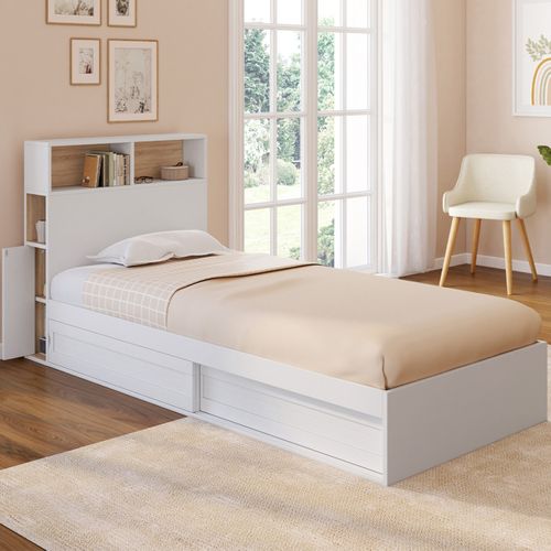Lit Simple Clem Avec Rangement, Tête De Lit Et Sommier 90 X 190 Cm Blanc Et Hêtre