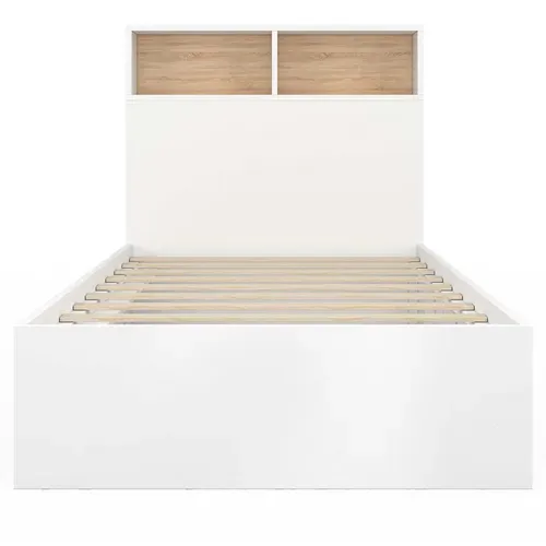 Lit Simple Clem Avec Rangement, Tête De Lit Et Sommier 90 X 190 Cm Blanc Et Hêtre