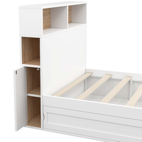 Lit Simple Clem Avec Rangement, Tête De Lit Et Sommier 90 X 190 Cm Blanc Et Hêtre