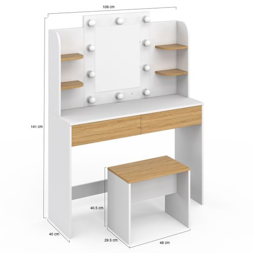 Coiffeuse Zelia Blanc Et Hêtre Table De Maquillage 4 étagères, Miroir LED Et Tabouret