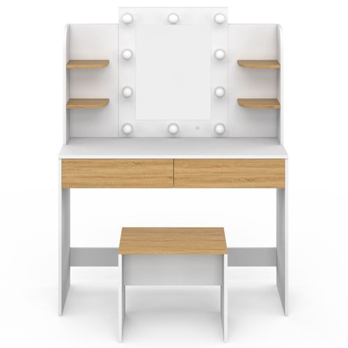 Coiffeuse Zelia Blanc Et Hêtre Table De Maquillage 4 étagères, Miroir LED Et Tabouret