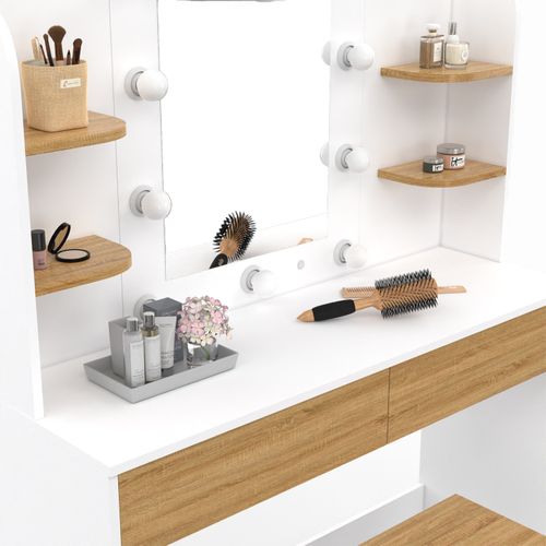 Coiffeuse Zelia Blanc Et Hêtre Table De Maquillage 4 étagères, Miroir LED Et Tabouret