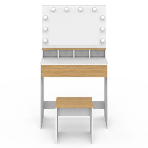 Coiffeuse Zelia Blanc Et Hêtre Miroir LED Avec 4 Niches, 1 Tiroir Et Tabouret