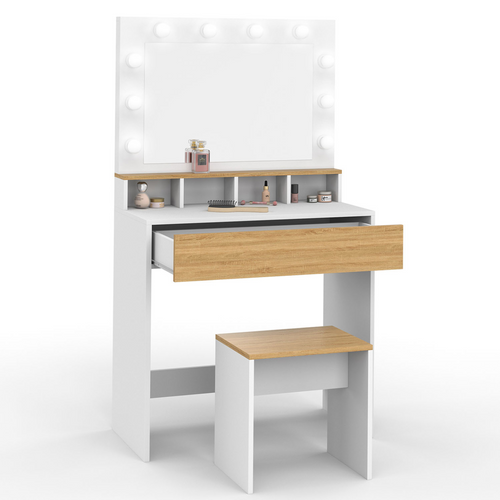 Coiffeuse Zelia Blanc Et Hêtre Miroir LED Avec 4 Niches, 1 Tiroir Et Tabouret