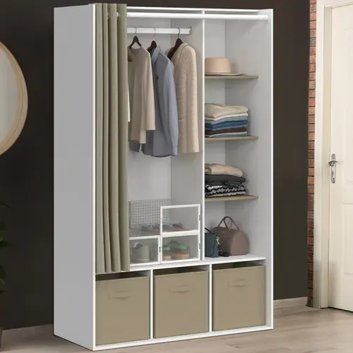 Dressing Penderie Diane 105 X 45 X 167 Cm Blanc Avec étagères + Boites De Rangement + Rideau Taupe