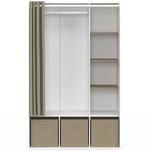 Dressing Penderie Diane 105 X 45 X 167 Cm Blanc Avec étagères + Boites De Rangement + Rideau Taupe