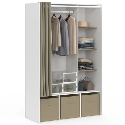 Dressing Penderie Diane 105 X 45 X 167 Cm Blanc Avec étagères + Boites De Rangement + Rideau Taupe