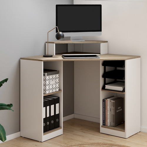 Bureau D'angle Harry Blanc Et Façon Hêtre Gain De Place Bureau Informatique Avec Rangements