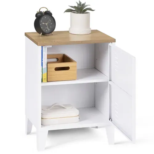 Table De Chevet Ester 1 Porte Métal Blanc Plateau Façon Hêtre Design Industriel