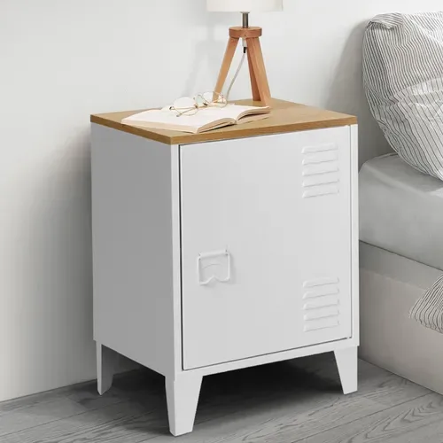 Table De Chevet Ester 1 Porte Métal Blanc Plateau Façon Hêtre Design Industriel