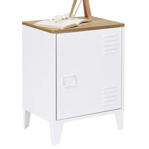 Table De Chevet Ester 1 Porte Métal Blanc Plateau Façon Hêtre Design Industriel