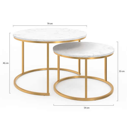 Lot De 2 Tables Basses Gigognes Alaska Rondes 54/70 Effet Marbre Et Pied Doré