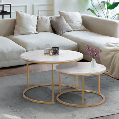 Lot De 2 Tables Basses Gigognes Alaska Rondes 54/70 Effet Marbre Et Pied Doré