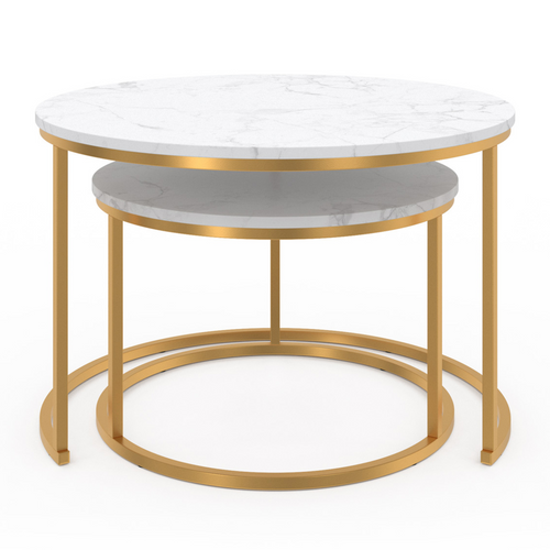 Lot De 2 Tables Basses Gigognes Alaska Rondes 54/70 Effet Marbre Et Pied Doré