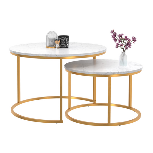 Lot De 2 Tables Basses Gigognes Alaska Rondes 54/70 Effet Marbre Et Pied Doré
