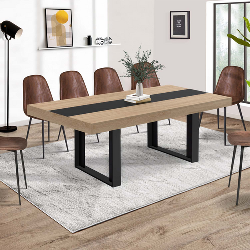 Table à Manger Extensible Rectangle Phoenix 6-12 Personnes Bois Et Noir Bande Centrale Noire 200-300