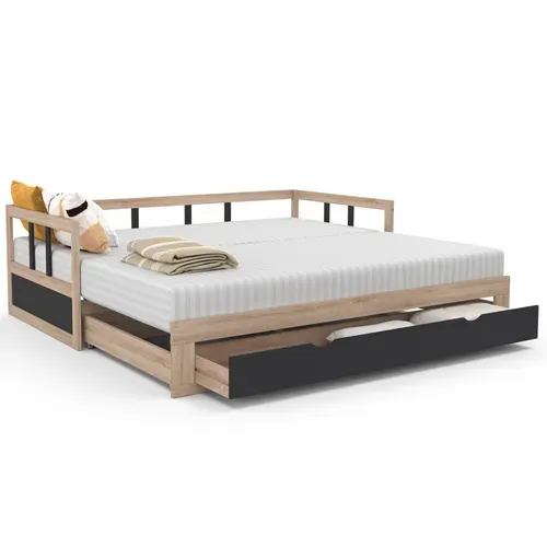 Lit Banquette 90 X 190 Cm Zoya Convertible 180 X 190 Cm Hêtre Et Noir Avec 1 Tiroir De Rangement