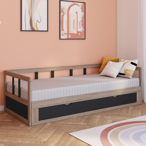 Lit Banquette 90 X 190 Cm Zoya Convertible 180 X 190 Cm Hêtre Et Noir Avec 1 Tiroir De Rangement