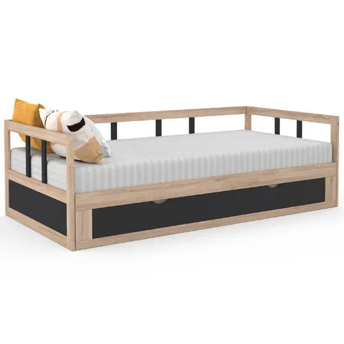 Lit Banquette 90 X 190 Cm Zoya Convertible 180 X 190 Cm Hêtre Et Noir Avec 1 Tiroir De Rangement