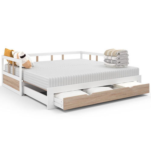 Lit Banquette 90 X 190 Cm Zoya Convertible 180 X 190 Cm Blanc Et Hêtre Avec 1 Tiroir De Rangement