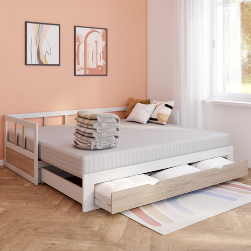 Lit Banquette 90 X 190 Cm Zoya Convertible 180 X 190 Cm Blanc Et Hêtre Avec 1 Tiroir De Rangement